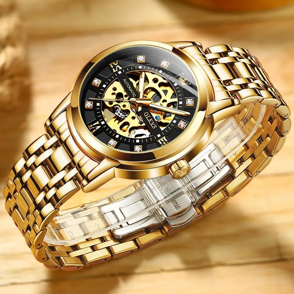 Mens Automatic Watch Skeleton Diamond Luxury Mechanical signify unimportant mercantile Self Winding Dress Wrist Watch Waterproof Luminous OLEVS 