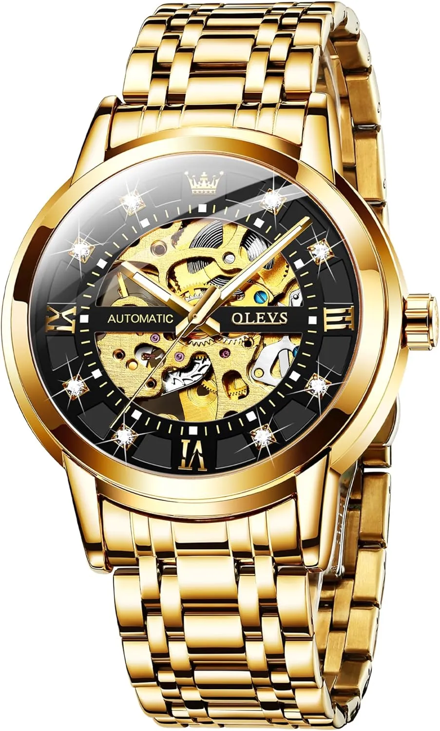Mens Automatic Watch Skeleton Diamond Luxury Mechanical signify unimportant mercantile Self Winding Dress Wrist Watch Waterproof Luminous OLEVS 