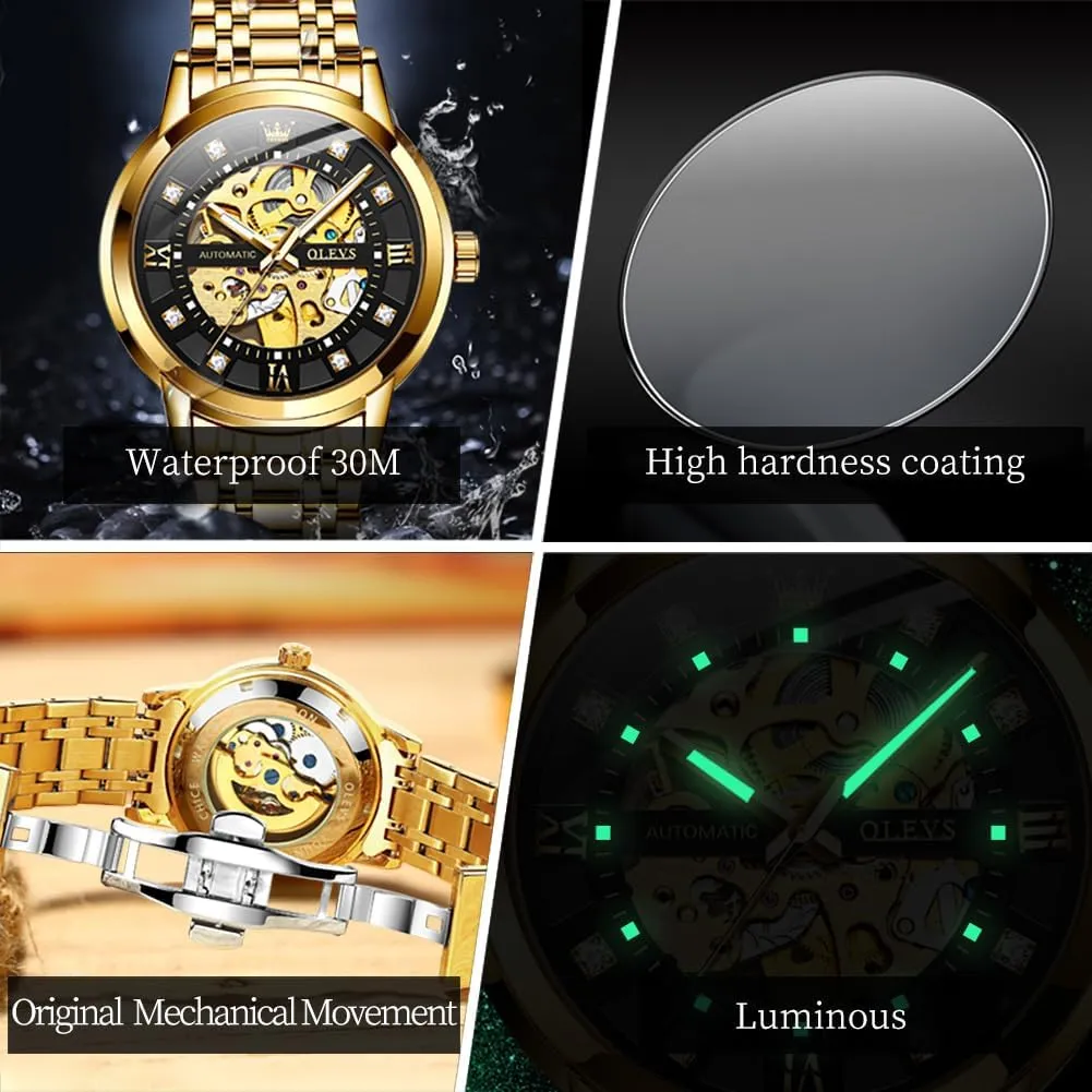Mens Automatic Watch Skeleton Diamond Luxury Mechanical signify unimportant mercantile Self Winding Dress Wrist Watch Waterproof Luminous OLEVS 