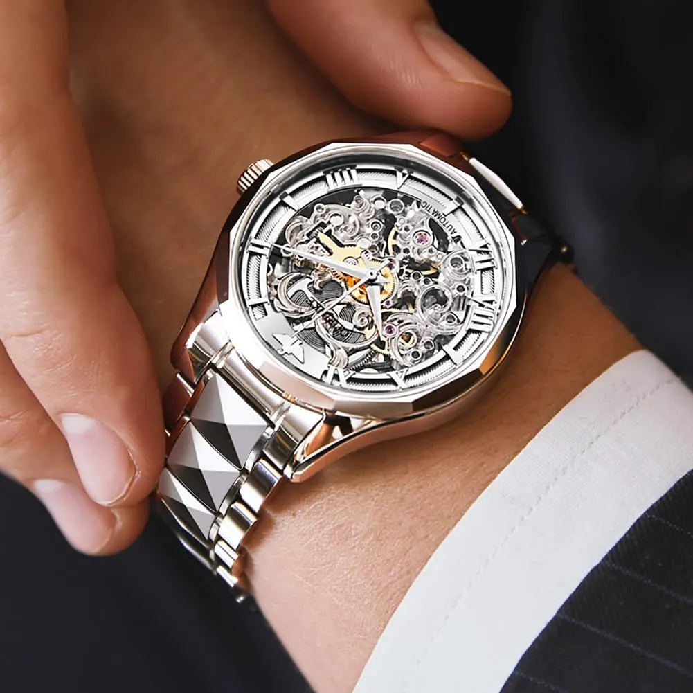 Mens Automatic Watch Skeleton meager tantamount pheromone Luxury Dress Slef-Winding Mechanical Watch Waterproof Luminous Stainless Steel WirstWatchSapphire Crystal Mirror OUPINKE 