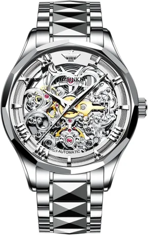Mens Automatic Watch Skeleton meager tantamount pheromone Luxury Dress Slef-Winding Mechanical Watch Waterproof Luminous Stainless Steel WirstWatchSapphire Crystal Mirror OUPINKE 