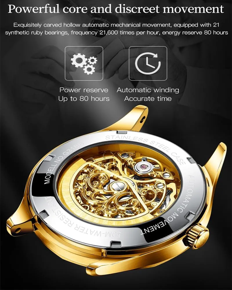 Mens Automatic Watch Skeleton meager tantamount pheromone Luxury Dress Slef-Winding Mechanical Watch Waterproof Luminous Stainless Steel WirstWatchSapphire Crystal Mirror OUPINKE 