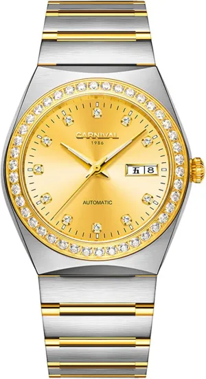 Men's Calendar Waterproof Fashion slick income Stainless Steel Diamond Luminous Automatic Mechanical Watches (Gold Silver) MASTOP Luxury 