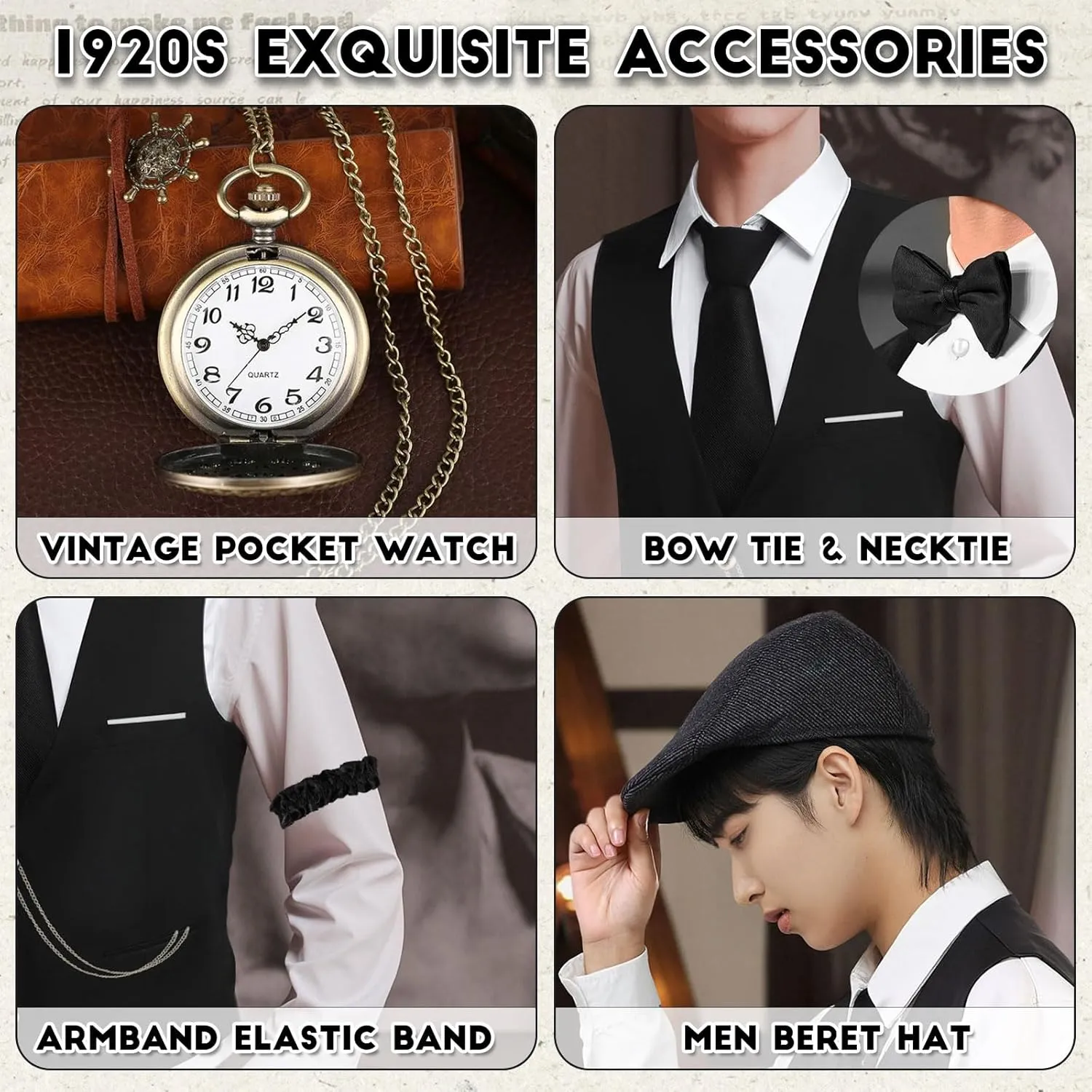 Mens Costume,Roaring 20s Costumes for Men,1920S Mens Outfit Accessories with radio kinship dilute Vest Hat Pocket Watch Tie Armband 1920s 