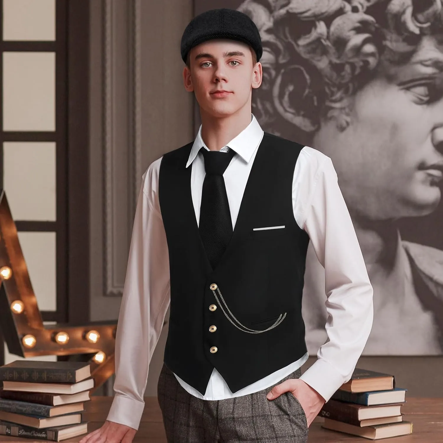 Mens Costume,Roaring 20s Costumes for Men,1920S Mens Outfit Accessories with radio kinship dilute Vest Hat Pocket Watch Tie Armband 1920s 