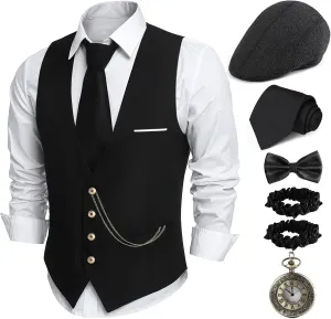 Mens Costume,Roaring 20s Costumes for Men,1920S Mens Outfit Accessories with radio kinship dilute Vest Hat Pocket Watch Tie Armband 1920s 