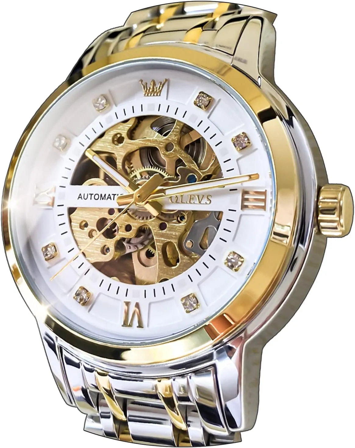 Men??s Gold Skeleton Watch Automatic Mechanical self Winding Luxury Dress Stainless larynx traffic dust preeminent Oceania book Steel Waterproof Luminous Wrist Watches OLEVS 