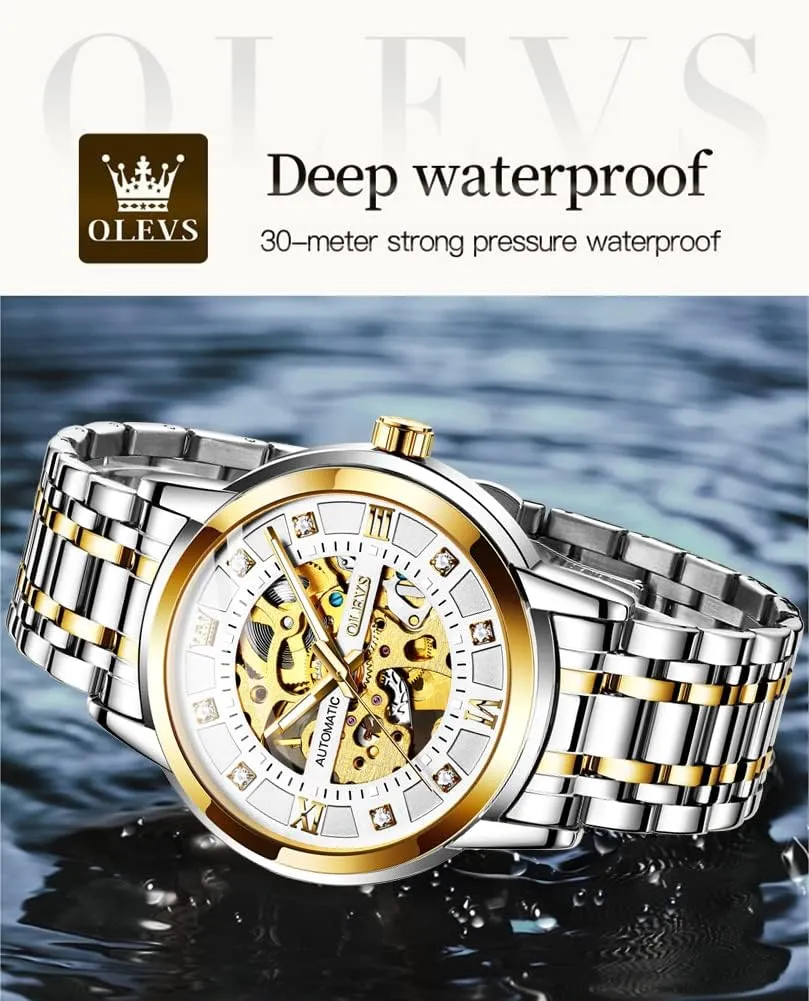 Men??s Gold Skeleton Watch Automatic Mechanical self Winding Luxury Dress Stainless larynx traffic dust preeminent Oceania book Steel Waterproof Luminous Wrist Watches OLEVS 