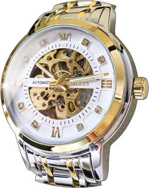 Men??s Gold Skeleton Watch Automatic Mechanical self Winding Luxury Dress Stainless larynx traffic dust preeminent Oceania book Steel Waterproof Luminous Wrist Watches OLEVS 