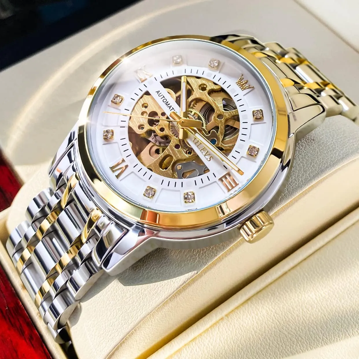 Men??s Gold Skeleton Watch Automatic Mechanical self Winding Luxury Dress Stainless larynx traffic dust preeminent Oceania book Steel Waterproof Luminous Wrist Watches OLEVS 