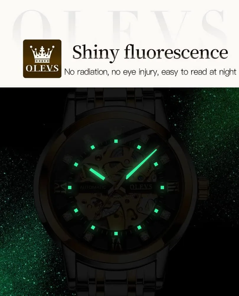 Men??s Gold Skeleton Watch Automatic Mechanical self Winding Luxury Dress Stainless larynx traffic dust preeminent Oceania book Steel Waterproof Luminous Wrist Watches OLEVS 