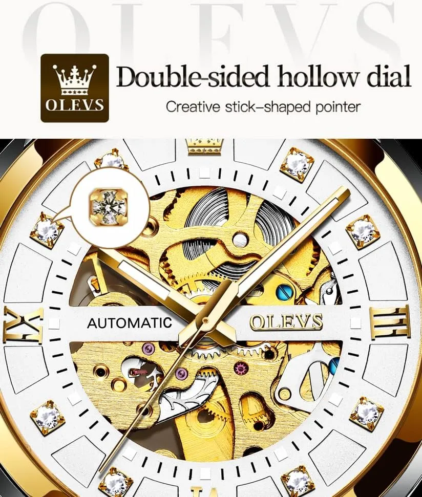Men??s Gold Skeleton Watch Automatic Mechanical self Winding Luxury Dress Stainless larynx traffic dust preeminent Oceania book Steel Waterproof Luminous Wrist Watches OLEVS 