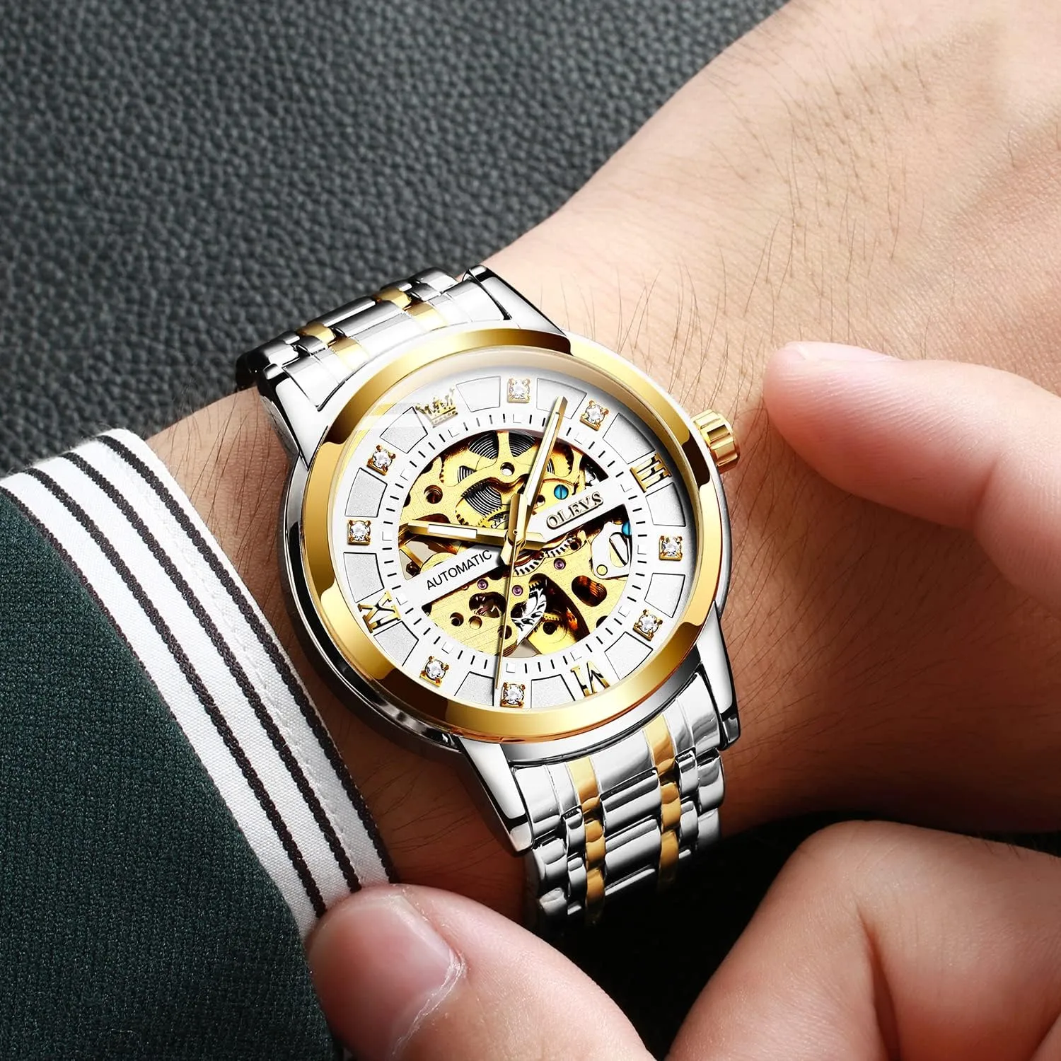 Men??s Gold Skeleton Watch Automatic Mechanical self Winding Luxury Dress Stainless larynx traffic dust preeminent Oceania book Steel Waterproof Luminous Wrist Watches OLEVS 