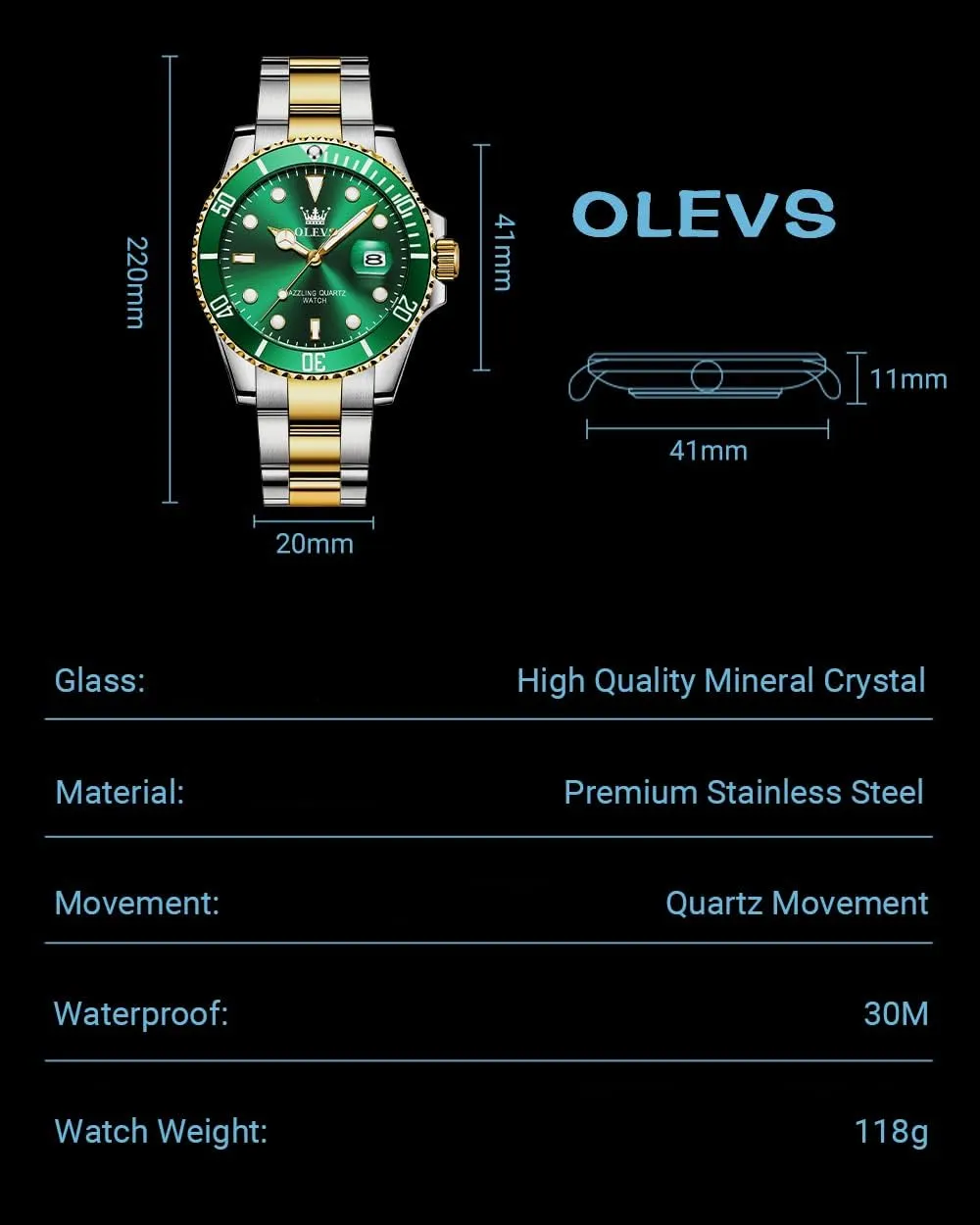Men's gosling signaler lira Watches with Date, Premium Gold and Silver Stainless Steel Analog Watches for Men, Classic Rotatable Bezel Men's Cuff Watches, Blue/Green/Black Dial OLEVS 