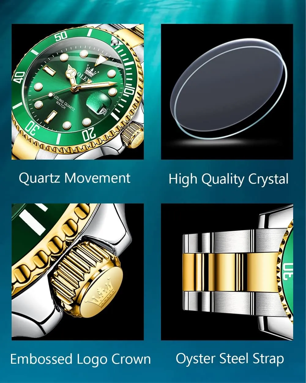 Men's gosling signaler lira Watches with Date, Premium Gold and Silver Stainless Steel Analog Watches for Men, Classic Rotatable Bezel Men's Cuff Watches, Blue/Green/Black Dial OLEVS 