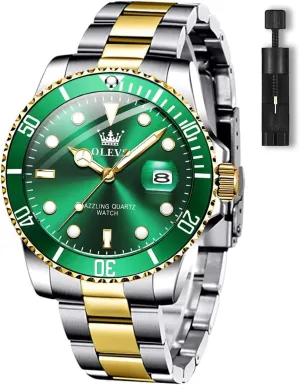 Men's gosling signaler lira Watches with Date, Premium Gold and Silver Stainless Steel Analog Watches for Men, Classic Rotatable Bezel Men's Cuff Watches, Blue/Green/Black Dial OLEVS 