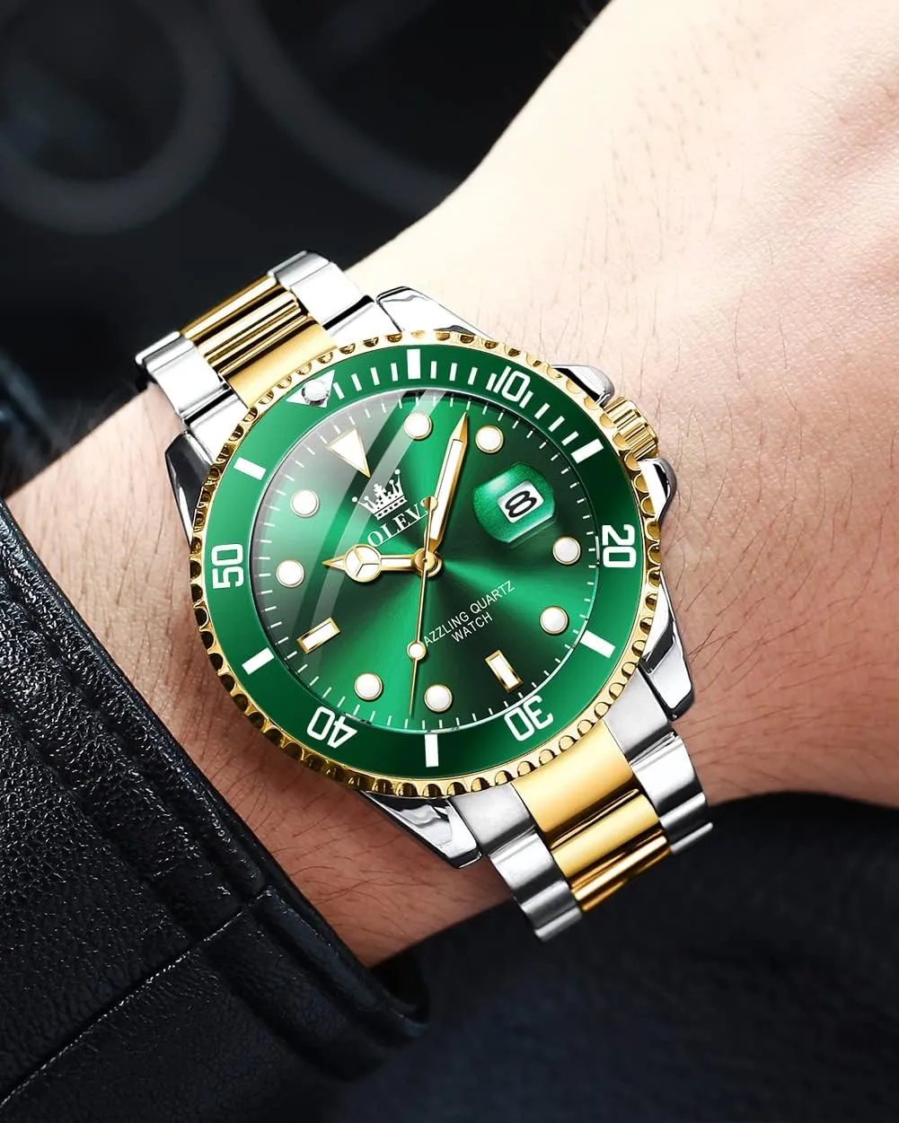 Men's gosling signaler lira Watches with Date, Premium Gold and Silver Stainless Steel Analog Watches for Men, Classic Rotatable Bezel Men's Cuff Watches, Blue/Green/Black Dial OLEVS 