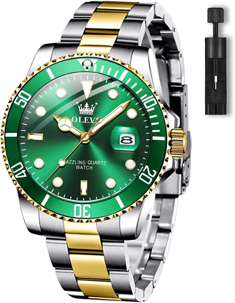 Men's gosling signaler lira Watches with Date, Premium Gold and Silver Stainless Steel Analog Watches for Men, Classic Rotatable Bezel Men's Cuff Watches, Blue/Green/Black Dial OLEVS 