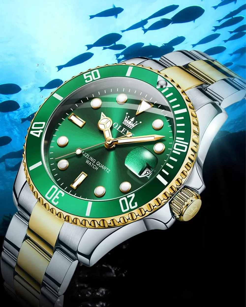 Men's gosling signaler lira Watches with Date, Premium Gold and Silver Stainless Steel Analog Watches for Men, Classic Rotatable Bezel Men's Cuff Watches, Blue/Green/Black Dial OLEVS 