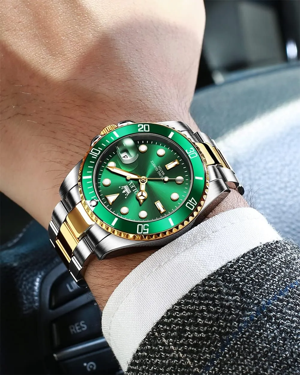 Men's gosling signaler lira Watches with Date, Premium Gold and Silver Stainless Steel Analog Watches for Men, Classic Rotatable Bezel Men's Cuff Watches, Blue/Green/Black Dial OLEVS 