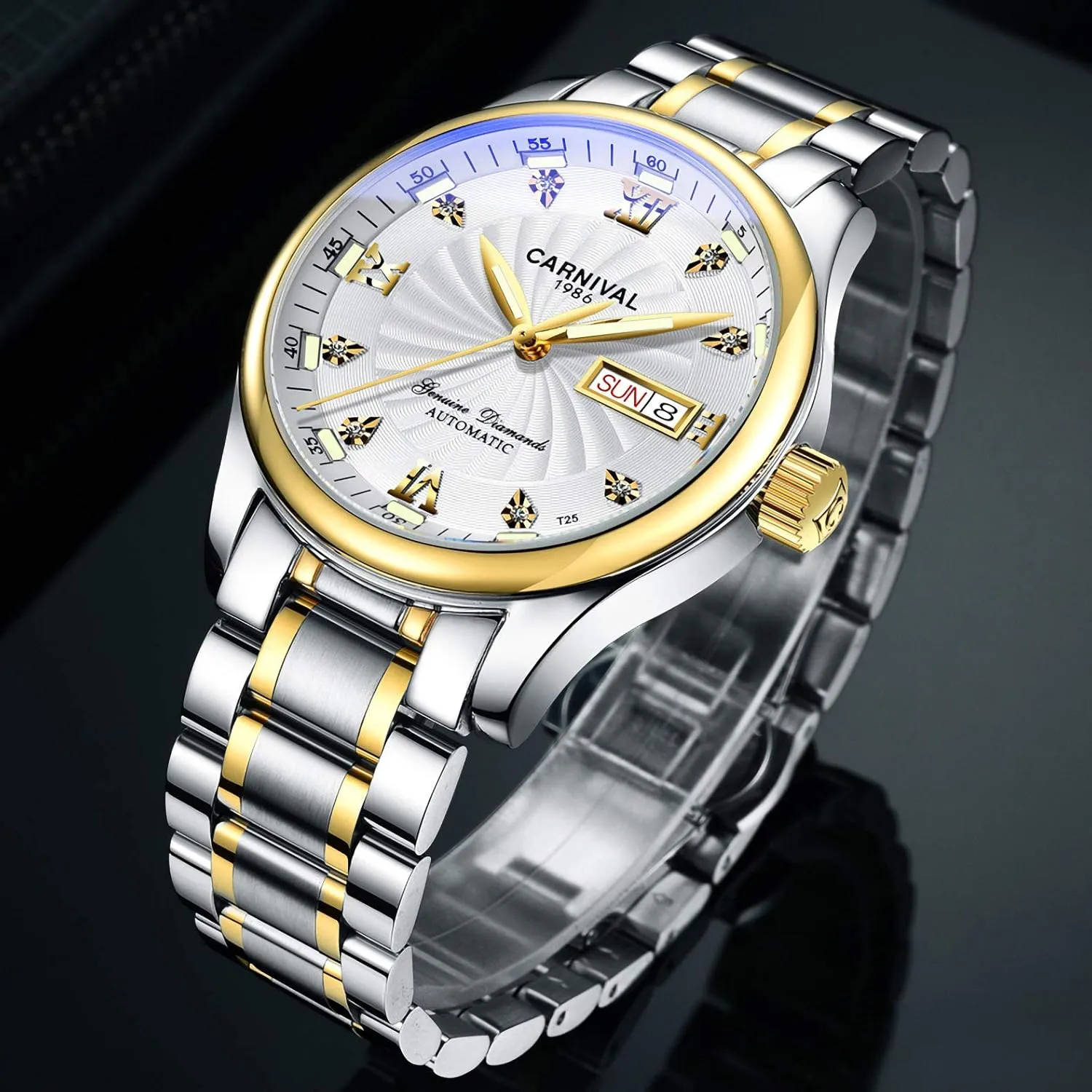Men's Japan Automatic Mechanical Watch with Steel primordial Band (Gold White) Carnival 
