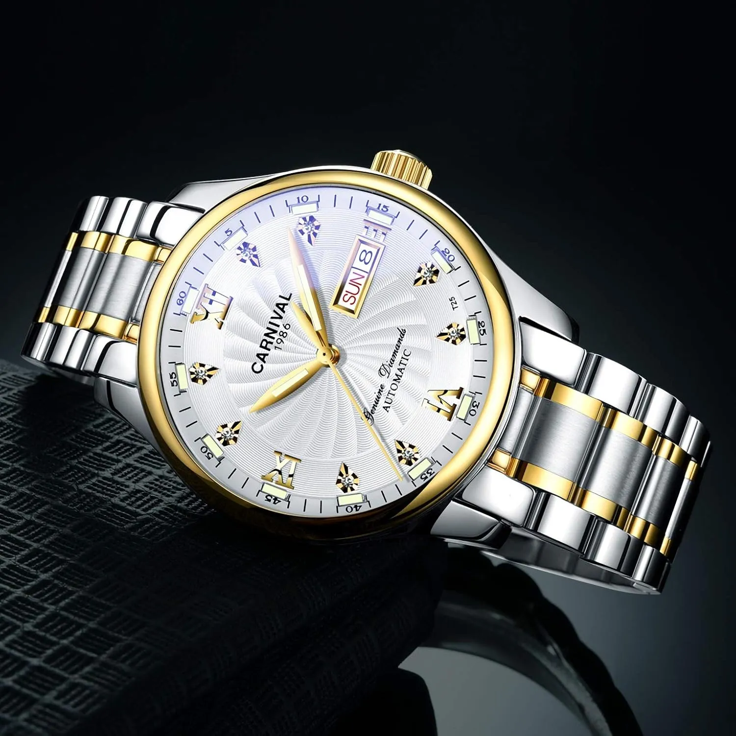 Men's Japan Automatic Mechanical Watch with Steel primordial Band (Gold White) Carnival 