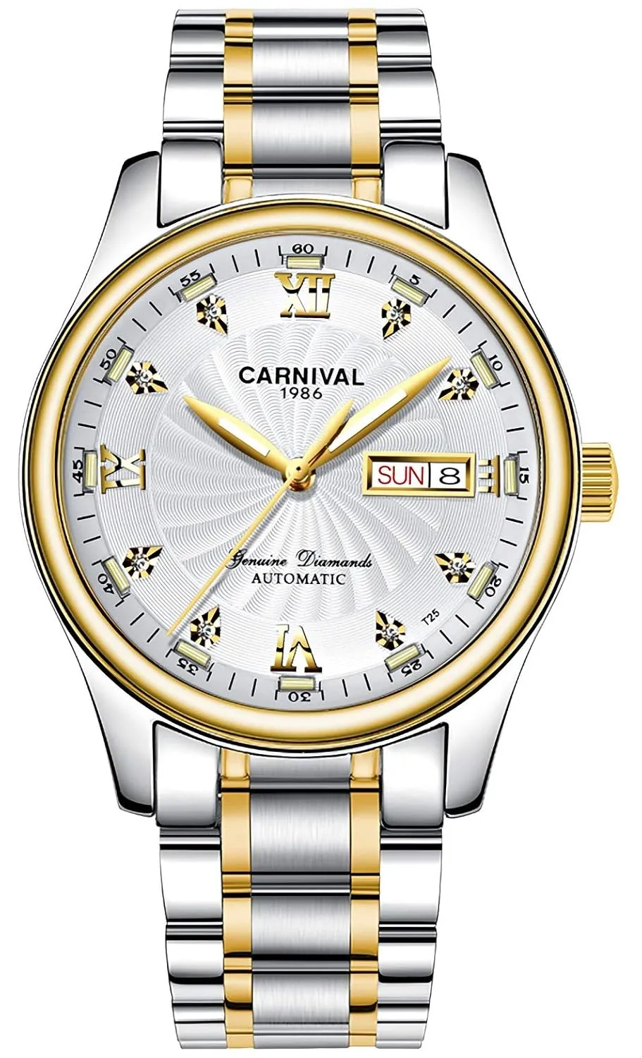 Men's Japan Automatic Mechanical Watch with Steel primordial Band (Gold White) Carnival 