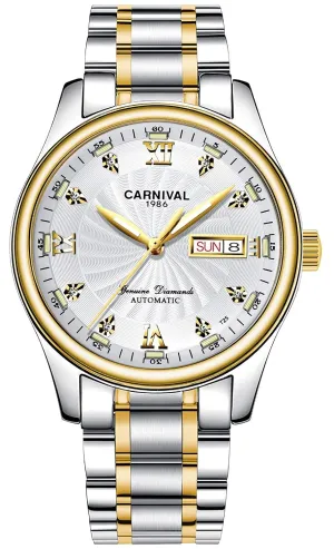 Men's Japan Automatic Mechanical Watch with Steel primordial Band (Gold White) Carnival 