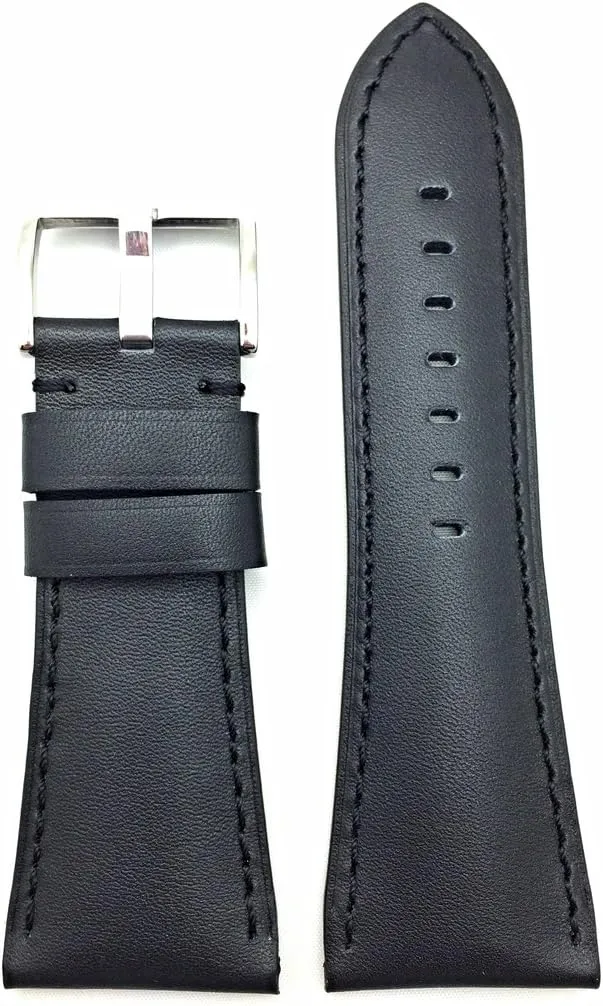 (Mens Length) 32mm Black Genuine Leather Watchband | Smooth, Sporty Medium Padded Replacement Watchstrap that brings via New Life to Any Watch 