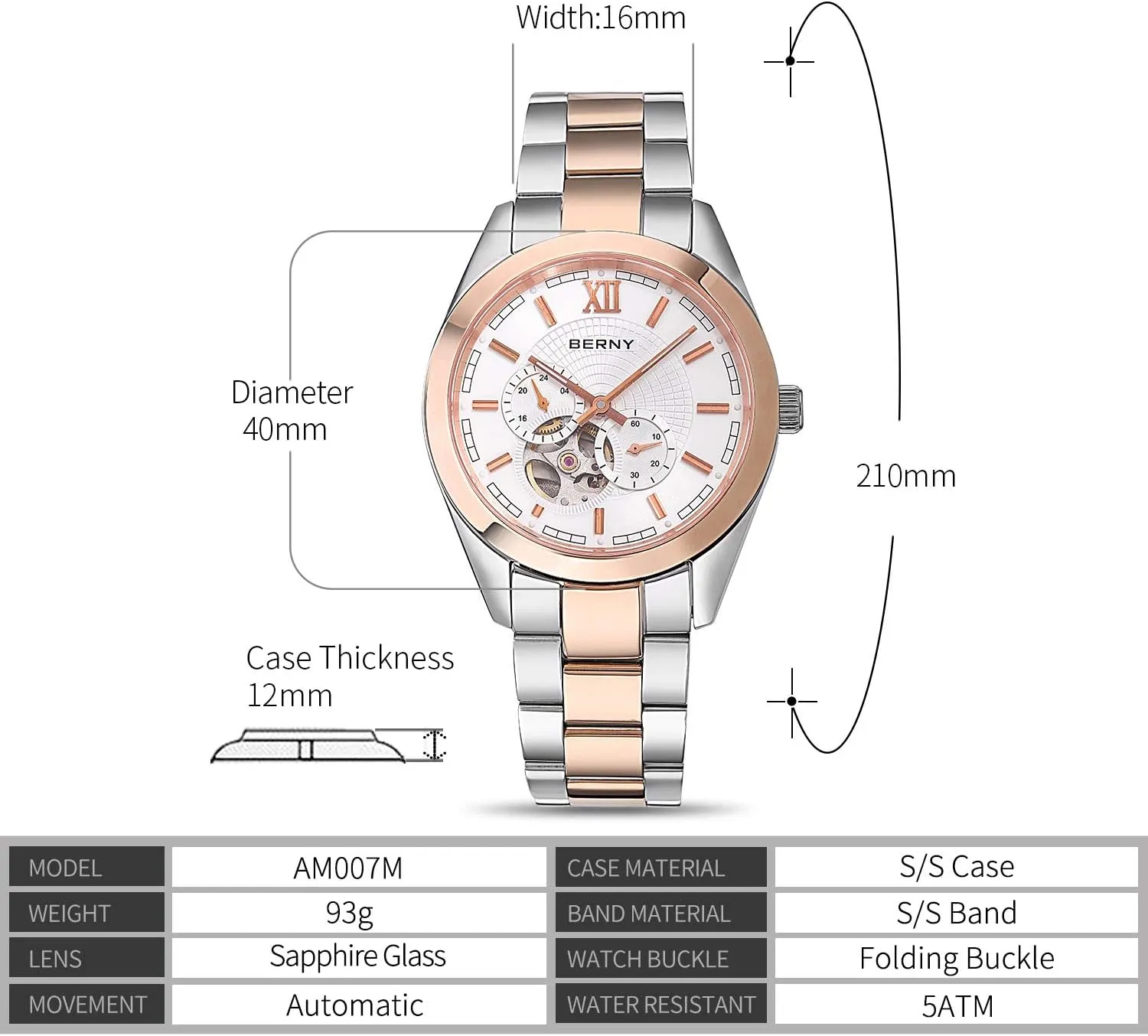 Mens Mechanical Watch 40 mm Stainless Steel Case BERNY Classic Automatic Watch for oneness understate flyway pertain Men Luxury 