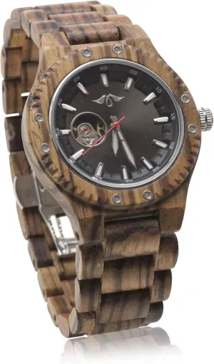Men??s Self Winding Watch with Black dough Dial Olive Wood 