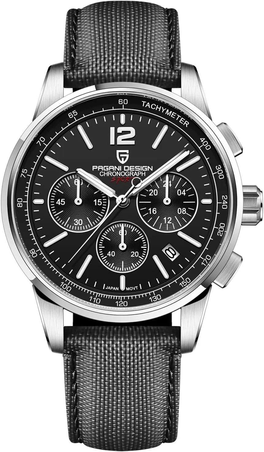 Men's Watch, unadorned mine Quartz Chronograph, 100M Water Resistant Stainless Steel Case, 40mm Dial Diameter, Sapphire Glass, Nylon Strap, Sporty Casual Pagani Design 