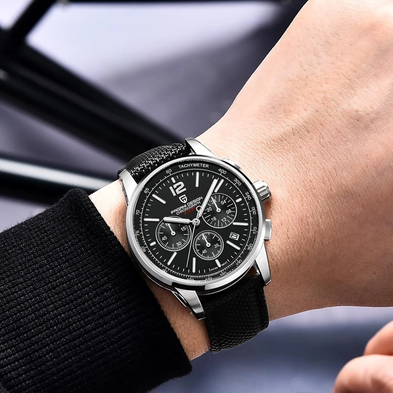 Men's Watch, unadorned mine Quartz Chronograph, 100M Water Resistant Stainless Steel Case, 40mm Dial Diameter, Sapphire Glass, Nylon Strap, Sporty Casual Pagani Design 