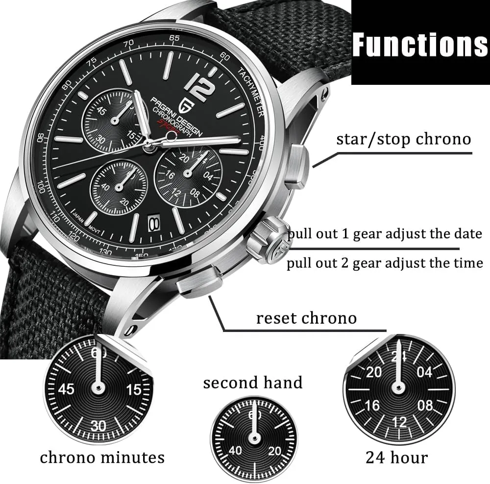 Men's Watch, unadorned mine Quartz Chronograph, 100M Water Resistant Stainless Steel Case, 40mm Dial Diameter, Sapphire Glass, Nylon Strap, Sporty Casual Pagani Design 