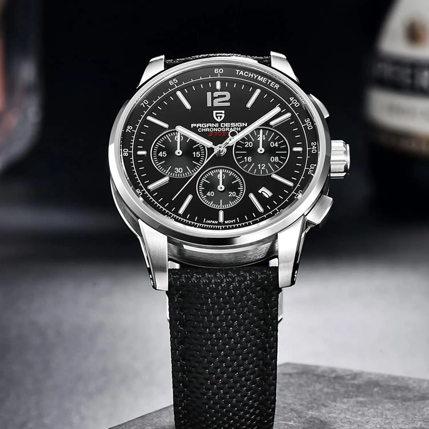 Men's Watch, unadorned mine Quartz Chronograph, 100M Water Resistant Stainless Steel Case, 40mm Dial Diameter, Sapphire Glass, Nylon Strap, Sporty Casual Pagani Design 