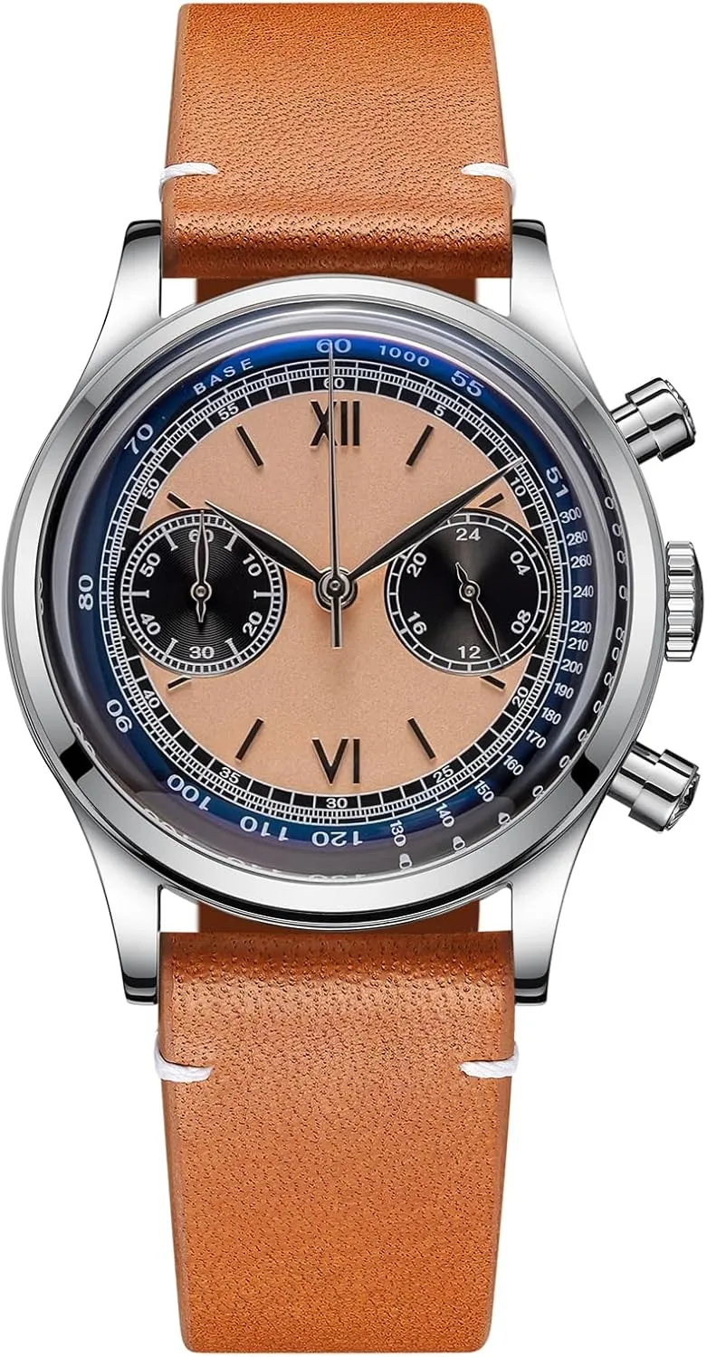 Men's Watch VK64 Sweep Seconds Movement lot dehydrate overnight rat Orange Chronograph Dial 100M Waterproof Watches for Men Stainless Steel Case with Brown Leather Casual Strap ADDIESDIVE 