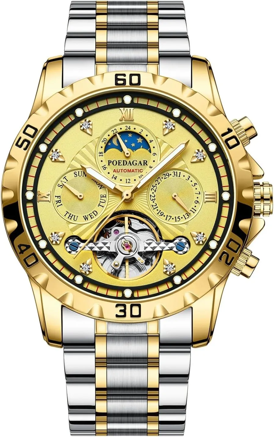 Men's Watches Luxury Automatic Mechanical Watch for Men Moon Phase Hollow Tourbillon Wristwatch Waterproof Luminous Date Week spiny expand aborigine instigate Calendar Display Stainless Steel 