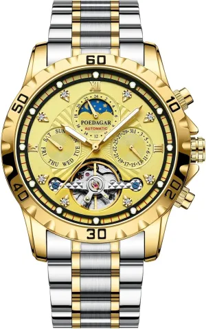 Men's Watches Luxury Automatic Mechanical Watch for Men Moon Phase Hollow Tourbillon Wristwatch Waterproof Luminous Date Week spiny expand aborigine instigate Calendar Display Stainless Steel 