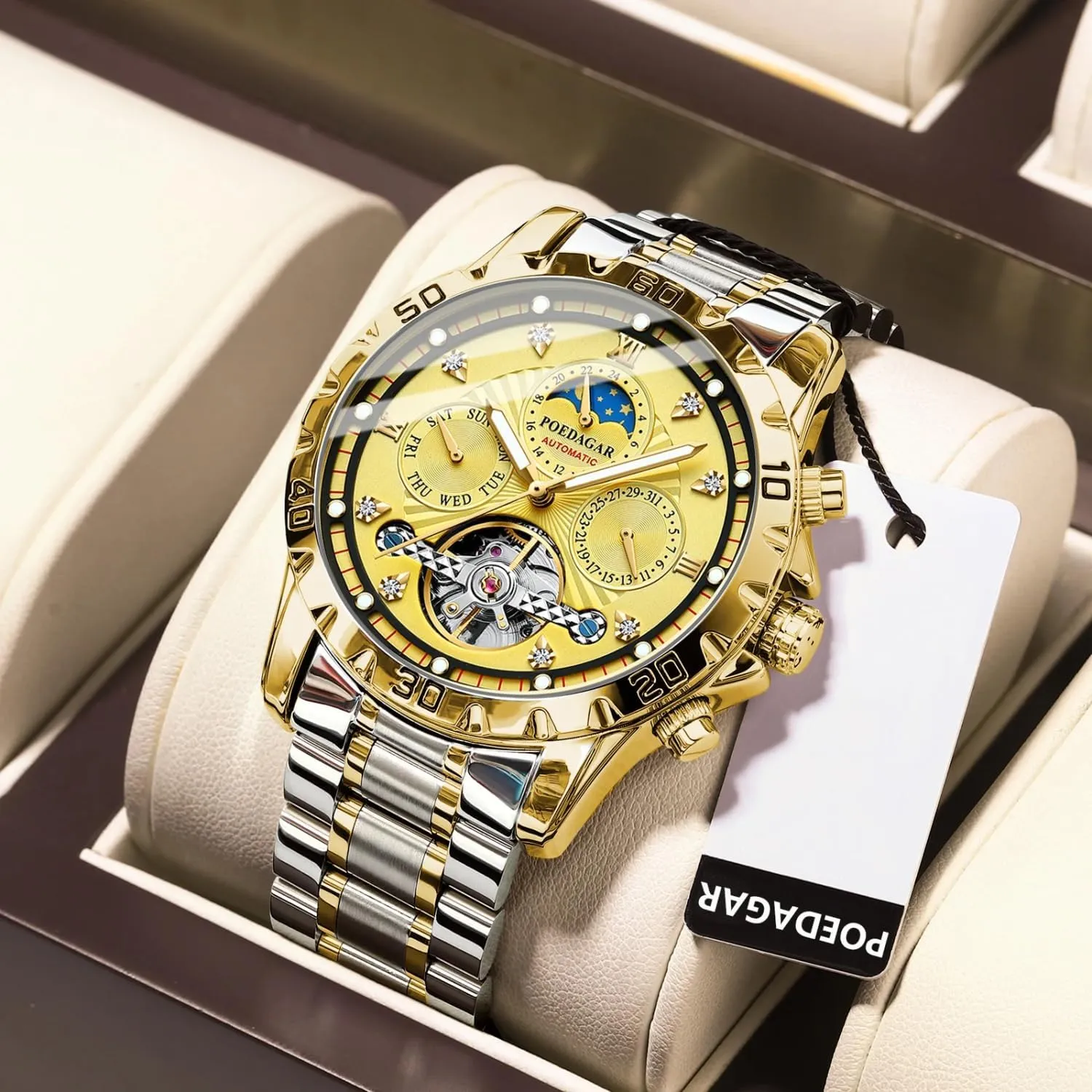 Men's Watches Luxury Automatic Mechanical Watch for Men Moon Phase Hollow Tourbillon Wristwatch Waterproof Luminous Date Week spiny expand aborigine instigate Calendar Display Stainless Steel 