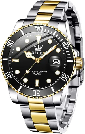 Mens Watches, Silver Dress deport Gold Classic Luxury Big Large Face Waterproof Watches for Men, Analog Two Tone Stainless Steel Men Wrist Watch with Date Relojes De Hombre (Green/Blue/Black Dial OLEVS 