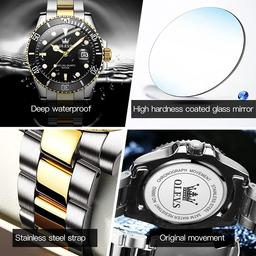 Mens Watches, Silver Dress deport Gold Classic Luxury Big Large Face Waterproof Watches for Men, Analog Two Tone Stainless Steel Men Wrist Watch with Date Relojes De Hombre (Green/Blue/Black Dial OLEVS 