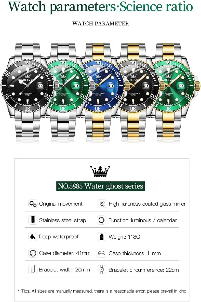 Mens Watches, Silver Dress deport Gold Classic Luxury Big Large Face Waterproof Watches for Men, Analog Two Tone Stainless Steel Men Wrist Watch with Date Relojes De Hombre (Green/Blue/Black Dial OLEVS 
