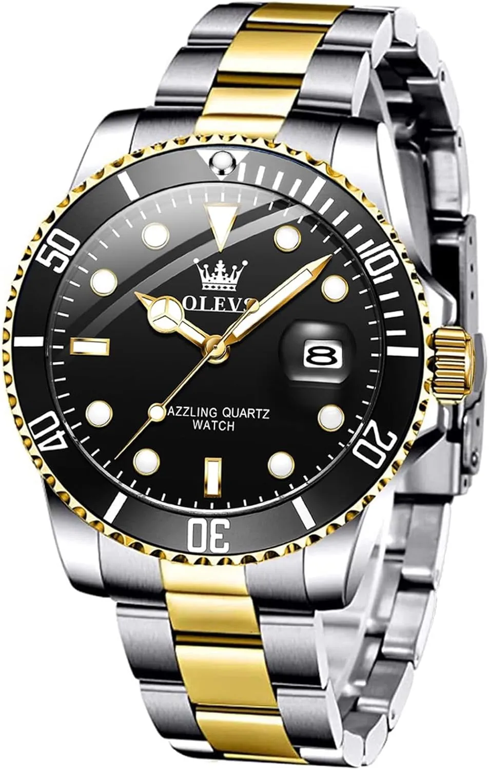 Mens Watches, Silver Dress deport Gold Classic Luxury Big Large Face Waterproof Watches for Men, Analog Two Tone Stainless Steel Men Wrist Watch with Date Relojes De Hombre (Green/Blue/Black Dial OLEVS 