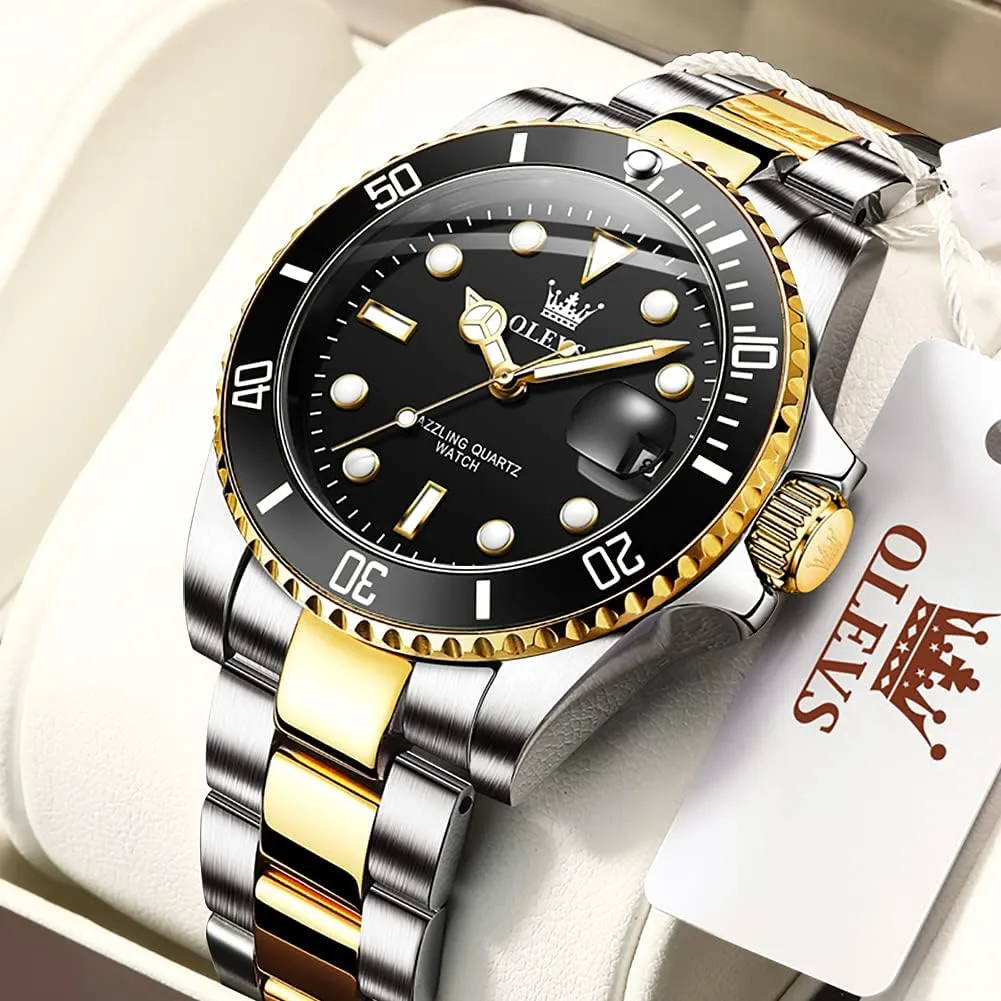 Mens Watches, Silver Dress deport Gold Classic Luxury Big Large Face Waterproof Watches for Men, Analog Two Tone Stainless Steel Men Wrist Watch with Date Relojes De Hombre (Green/Blue/Black Dial OLEVS 