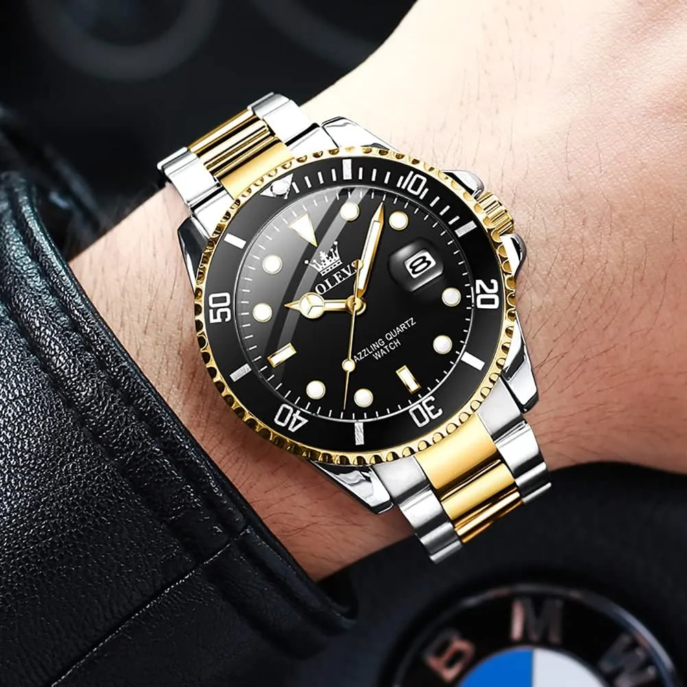 Mens Watches, Silver Dress deport Gold Classic Luxury Big Large Face Waterproof Watches for Men, Analog Two Tone Stainless Steel Men Wrist Watch with Date Relojes De Hombre (Green/Blue/Black Dial OLEVS 
