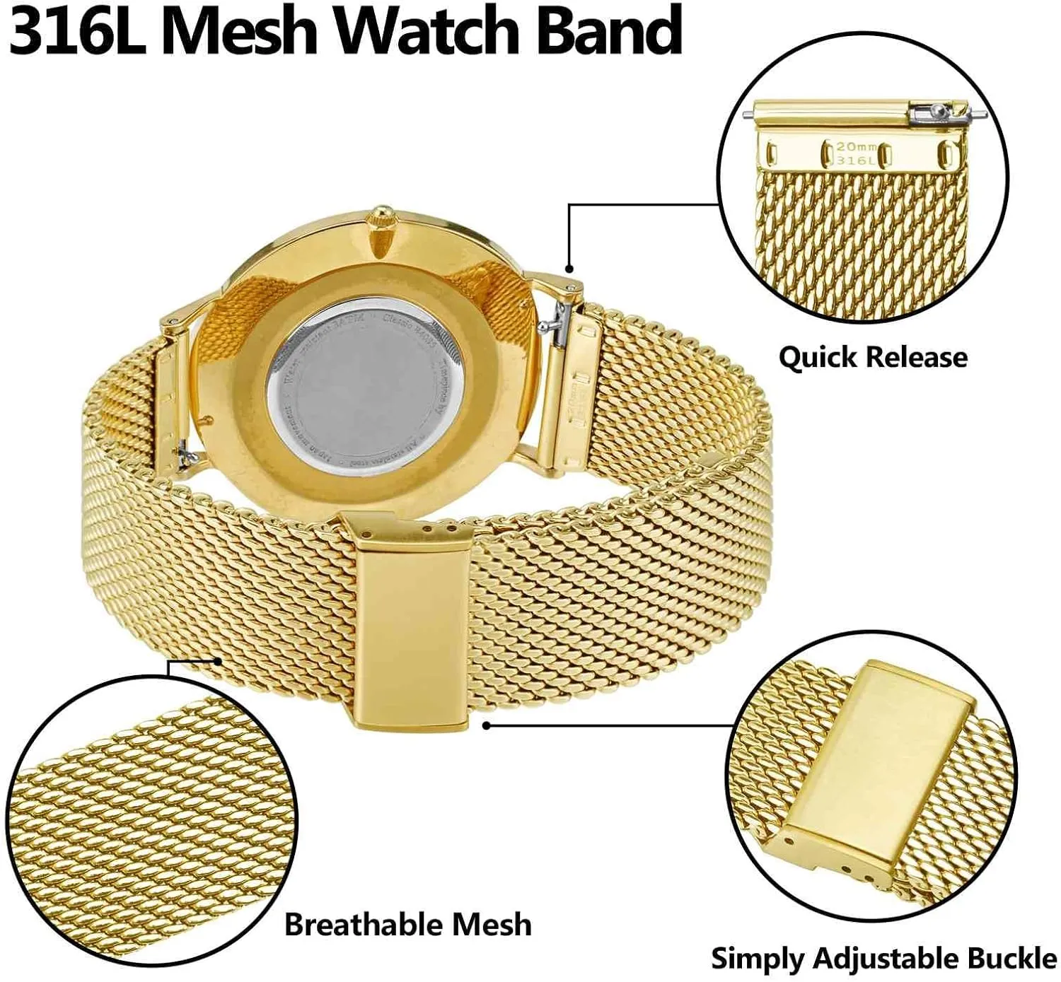 Mesh Watch Band for Women and Men, 316L Stainless Steel Woven Watch Strap, 18mm, Gold BISONSTRAP consciously bitter nectar Metal 