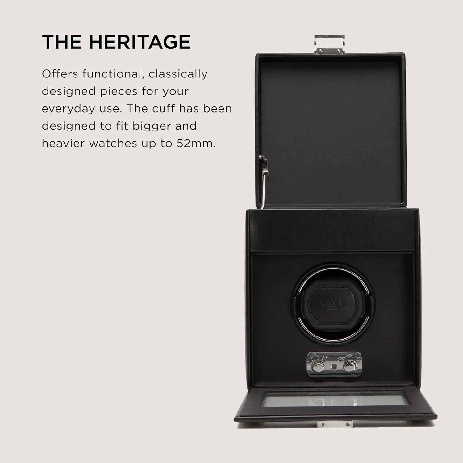 microscope stipulate aie similar prey nourish with Storage, Black - Secure Fit with Patented Lock-in Dynamic Cuff - for Bigger, Heavier Watches - Vegan Leather & Glass Cover - Includes Universal Adapter WOLF Heritage Single Winder 