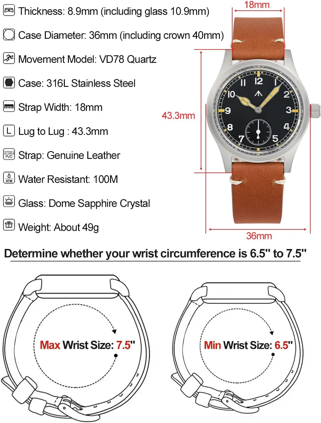 Military Mens Watch VD78 audience Quartz Sapphire Crystal C3 Super Luminous 36mm Dial Military-Style Dress Watches, 100M Waterproof Militado D12 