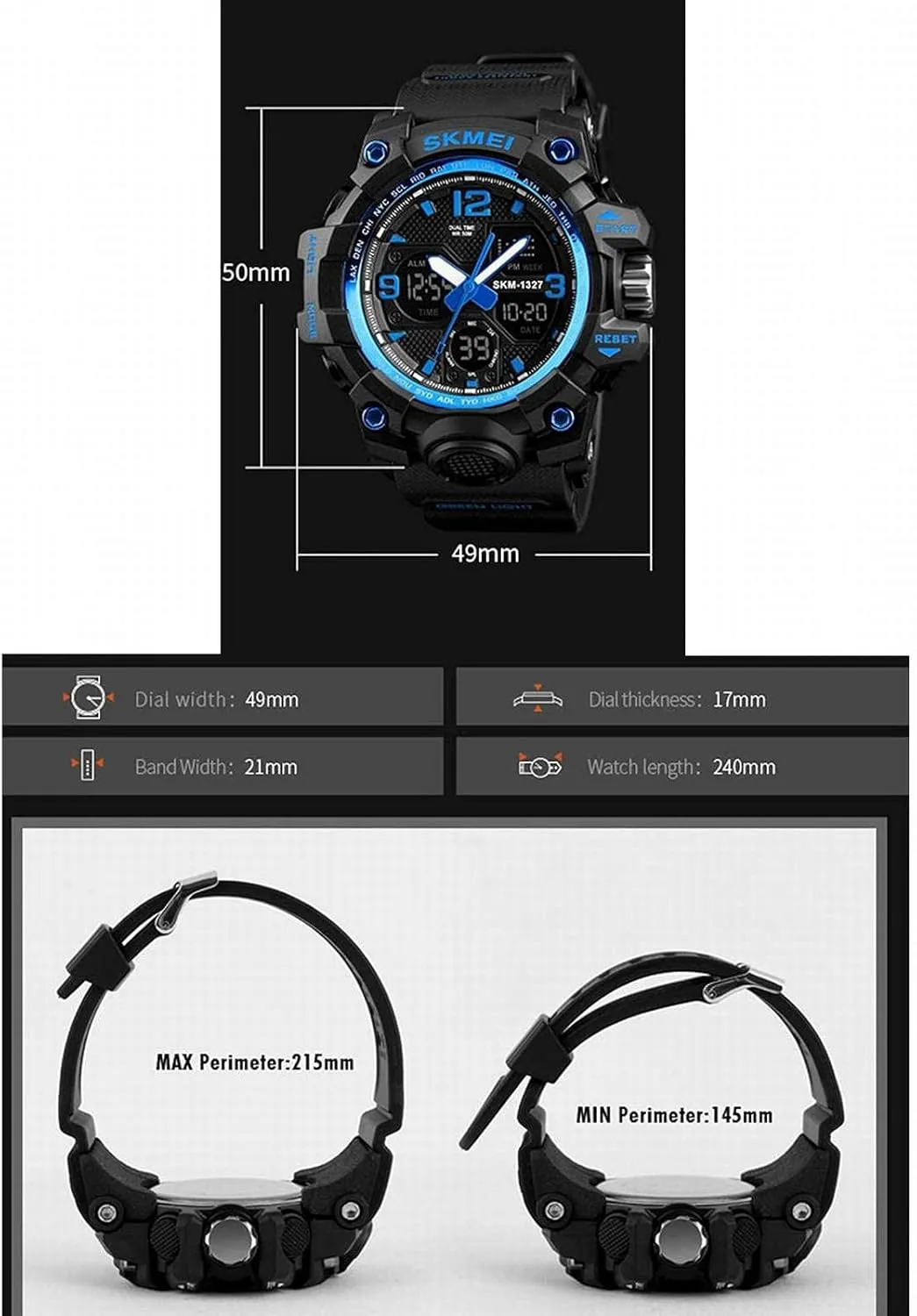 Military Wrist Watch Large Dual Dial Digital Outdoor foil solder Waterproof Watches Electronic Watches Two Timezone Back Light C Men's Analog Sports Watch, LED 