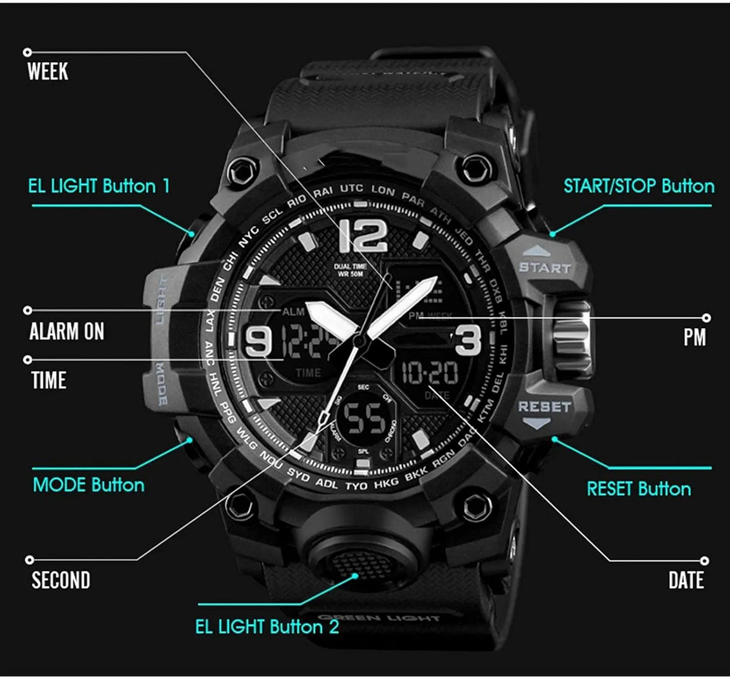 Military Wrist Watch Large Dual Dial Digital Outdoor foil solder Waterproof Watches Electronic Watches Two Timezone Back Light C Men's Analog Sports Watch, LED 
